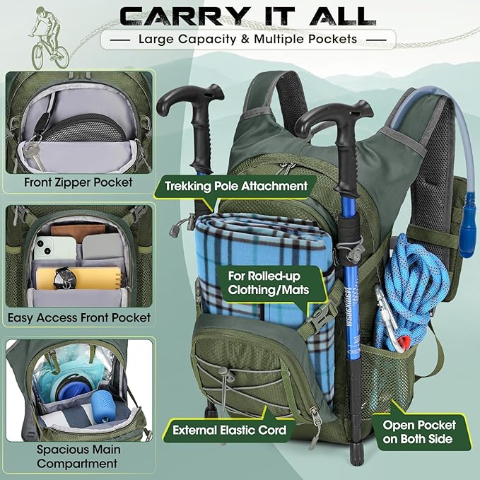 Hydration Backpack with Water Bladder 18L Lightweight Hiking Backpack for Women&ampMen Small Insulated Hydration Water Pack for Hiking Running Cycling Biking