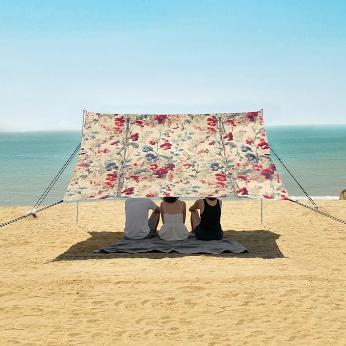 Vintage Sweet Pea Floral Beach Tent Sun Shelter Set UPF50+ UV Protection 10.5 x 9.19 FT Camping Shade Canopy with Sandbags Sand Anchors Carrying Bag and Others