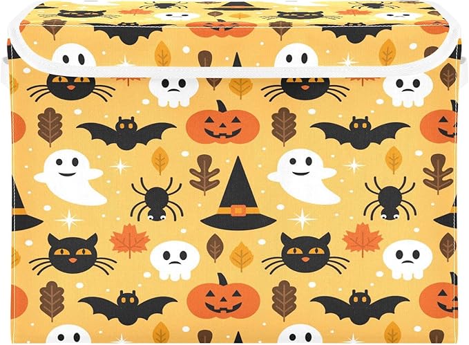 Large Collapsible Storage Bins with Lids Halloween Spooky Skull Pumpkin Black Cat Storage Baskets Organizer Containers with Handles for Nursery Clothes Toys