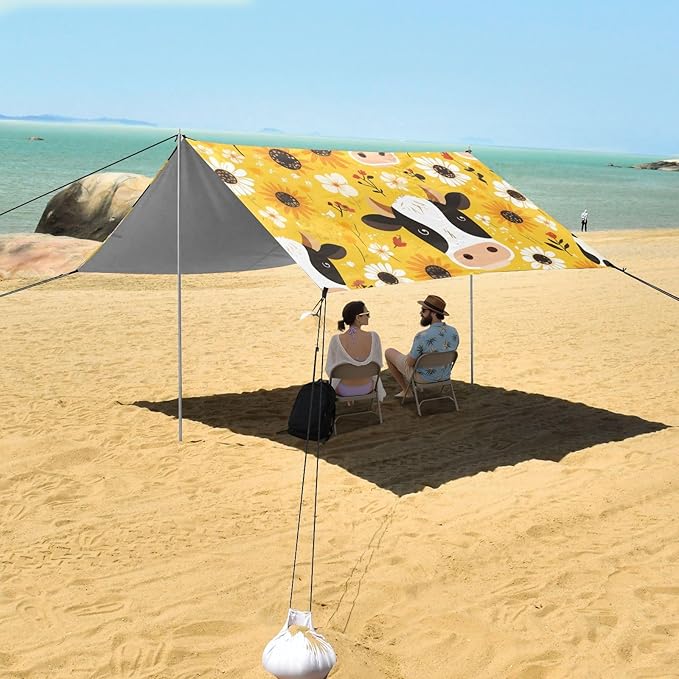 Black White Cow Print Sunflowers Foldable Beach Tent UPF50+ Lightweight Large Sun Shelter with Sandbags and Shovel for Camping Fishing Backyard Fun