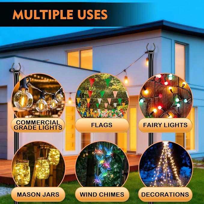 FEED GARDEN String Light Poles for Outside10FT Metal Poles for Outdoor String Lights Stand Poles for Deck Garden Patio Wedding Backyard Christmas Party 6 Pack