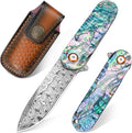 Zingbee Damascus Pocket Knife with Sheath 2.95 Damascus Steel Blade Folding Knife with Abalone Shell Handle EDC Pocket Knives for Men Women Outdoor Indoor Camping