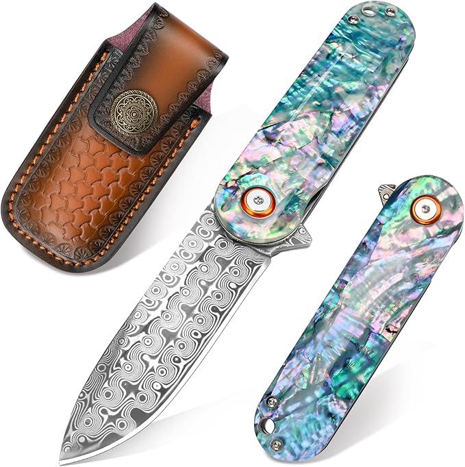 Zingbee Damascus Pocket Knife with Sheath 2.95 Damascus Steel Blade Folding Knife with Abalone Shell Handle EDC Pocket Knives for Men Women Outdoor Indoor Camping