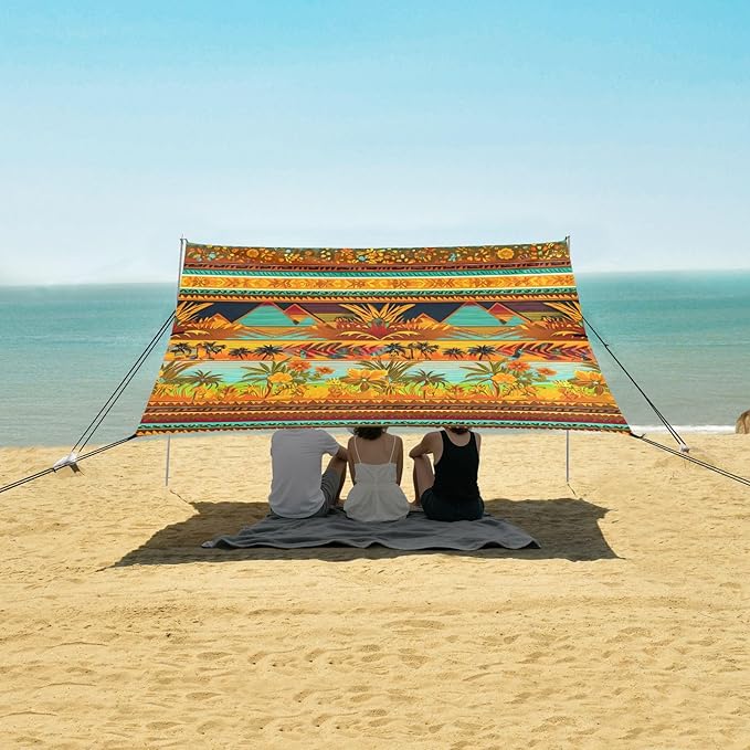 xigua Boho Tribal Aztec Beach Tent Sun Shelter with Carrying Bag - Silver Coated Oxford Fabric Beach Canopy for Beach Camping Fishing - Includes Windproof Ropes Sandbags &amp Stakes