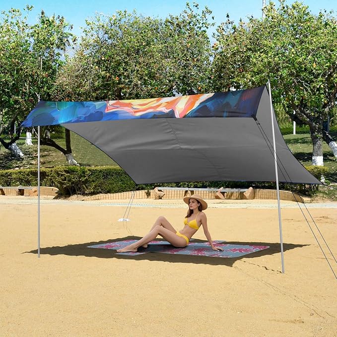 ALAZA Rainbow Rose Flower Painting Beach Tent Sun Shelter UPF50+ Protection Beach Shade Canopy w/ 4 Sandbags for Outdoor Camping Fishing Backyard Fun Picnic 10x9 ft