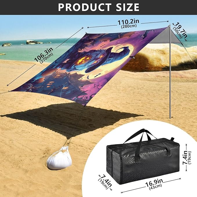 ALAZA Halloween Night Gnome Beach Tent Sun Shelter UPF50+ Protection Beach Shade Canopy w/ 4 Sandbags for Outdoor Camping Fishing Backyard Fun Picnic 10x9 ft