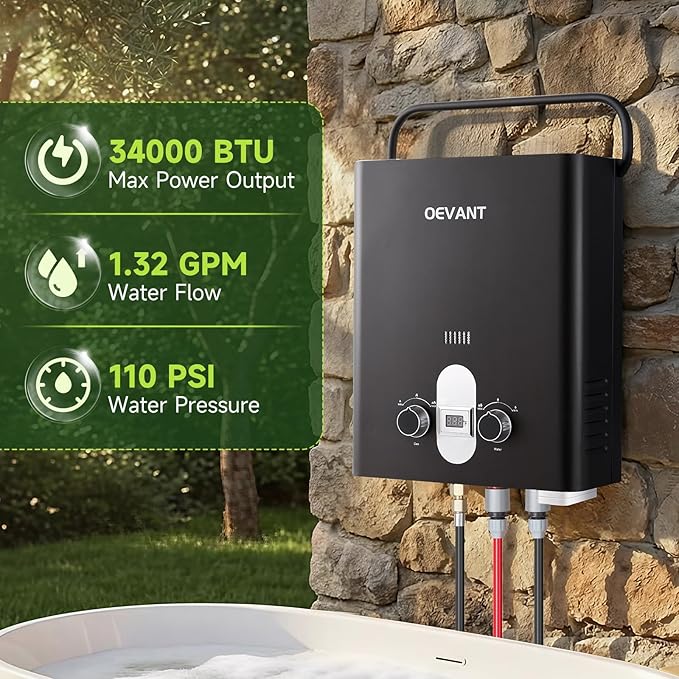 Propane Water Heater 1.32 GPM 5L Portable Tankless Water Heater with Overheating Protection Upgrade Screw-free Back Shell Instant Hot Water for RV Camping Outdoor Shower (BLACK)