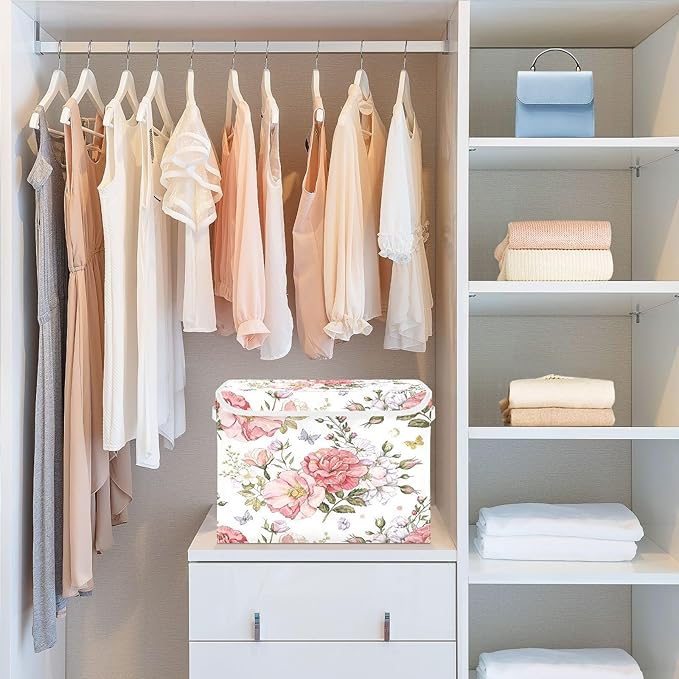 Flower Storage Bins with Lids Decorative Fabric Storage Boxes with Handles Closet Organizer Foldable Christmas Basket Baby Basket for Nursery Bedroom Office
