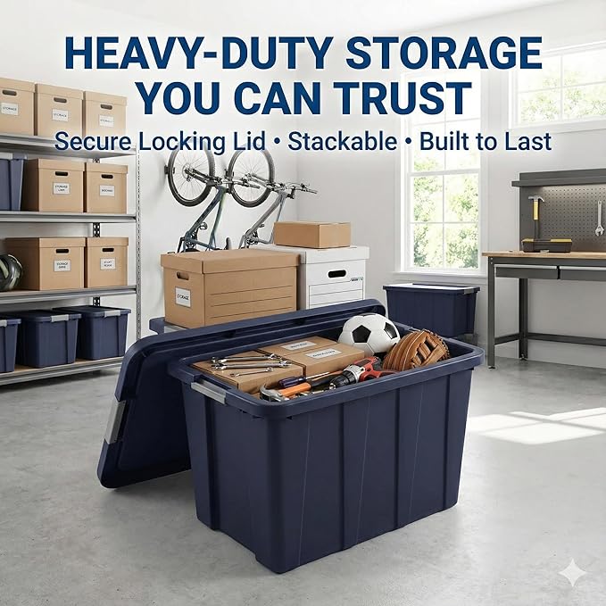30 Gallon Heavy-Duty Storage Tote with Locking Lid | Rugged Plastic Storage Bin for Garage Basement &amp Attic Organization | Extra-Large 30 Gal Capacity Stackable Design - Dark Blue