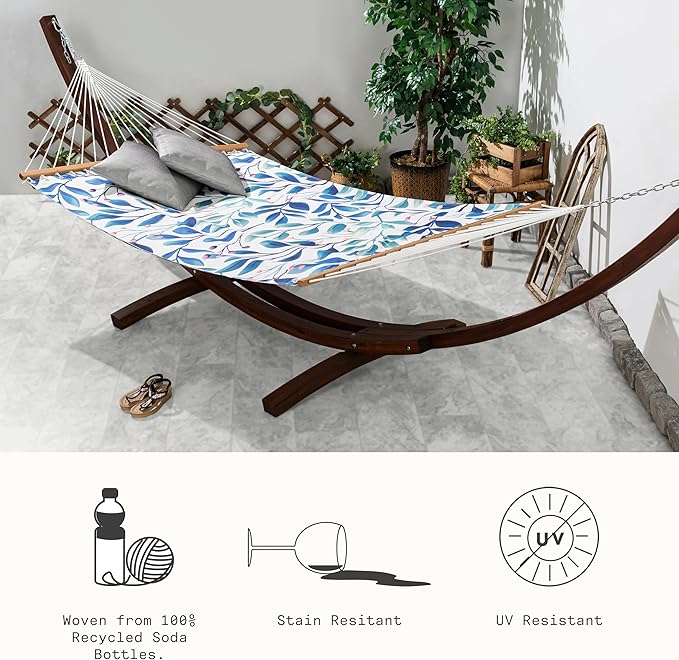 Fab Habitat Botanical Floral Recycled Polyester Hammock - Rainforest - White Multi - Indoor/Outdoor Quick Dry 2 Person 460 lbs Capacity - Patio Poolside Backyard - 12-14 ft Adjustable