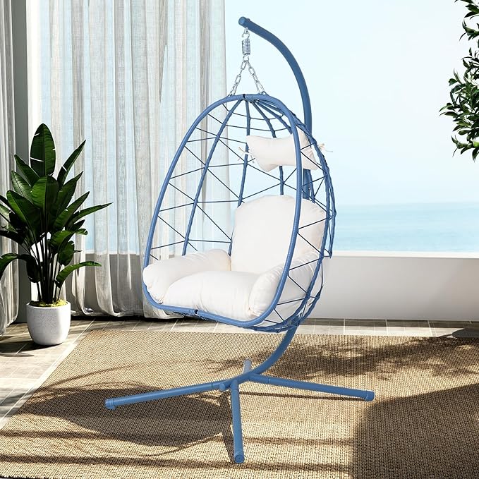 Hanging Egg Chair with Stand Outdoor Indoor Patio Rattan Swing Hammock Chairs with Washable Cushion PE Wicker Swing Chair for Backyard Bedroom Garden (Blue + White Cushion No Footrest)