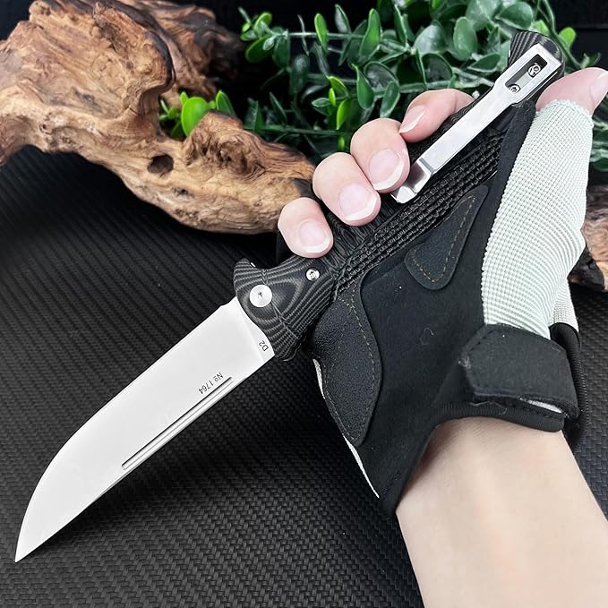Daily Use Folding Knife with D2 Blade &amp G10 Handle Portable Outdoor EDC Tool for Camping Hunting Survival (Blue)