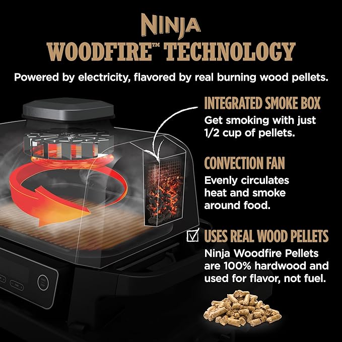 Ninja | Woodfire Series | 7-in-1 (Grill BBQ Roast Air Fry Dehydrate Broil Smoke) | Portable &amp Weather Resistant | Cook Up To 6 Steaks &amp 30 Hot Dogs | Woodfire Pellets included | OG701