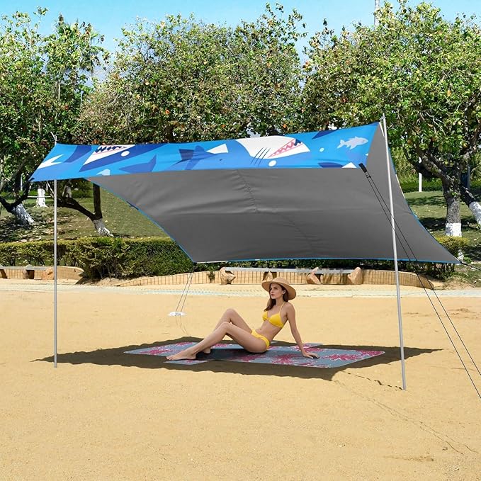 Shark Ocean Blue Beach Canopy UPF50+ Water-Resistant Sun Shelter with Sandbags &amp Sand Shovel for Camping Picnics Backyard
