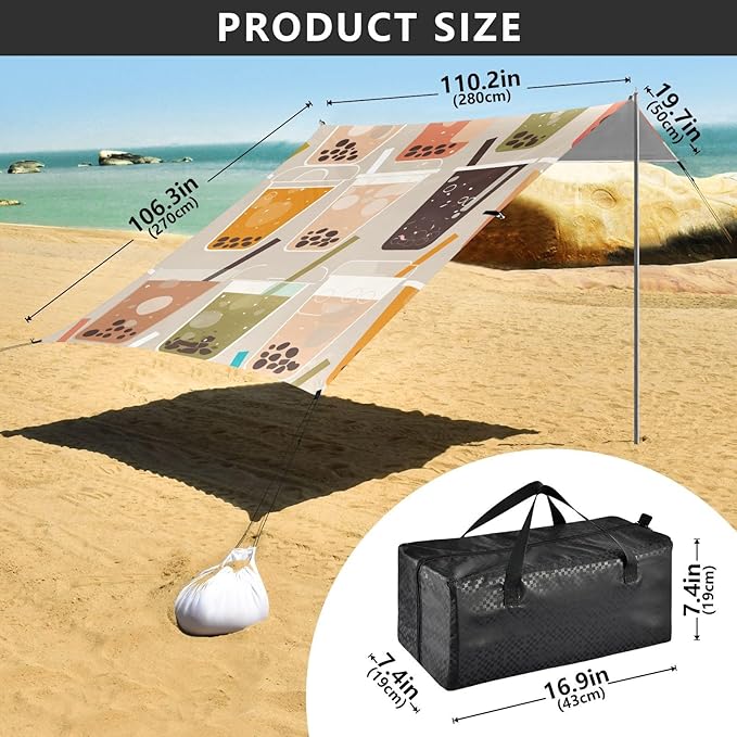 Bubble Tea Pattern Beach Canopy UPF50+ Protection Lightweight Large Portable Sun Shelter with Carrying Bag for Family Trips Picnics &amp Camping