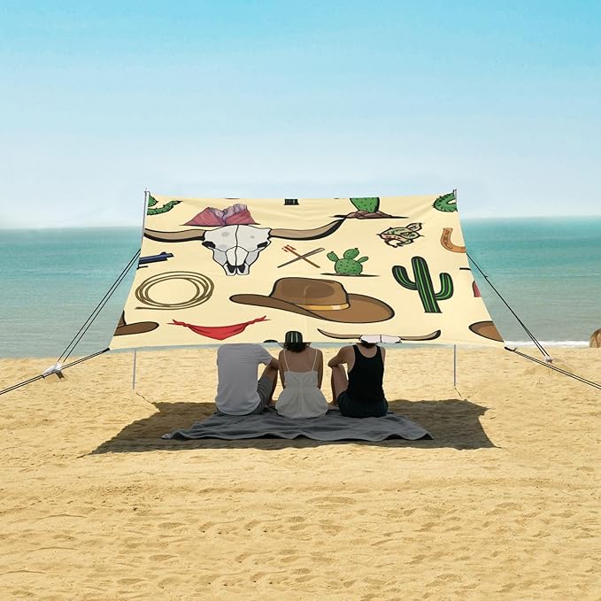 Beach Canopy with Windproof Ropes &amp Sandbags Beach Tent Sun Shade Sun Shelter for Camping Trips Fishing Backyard Fun or Picnics Cowboy Hats