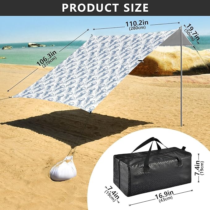 ALAZA Blue Jellyfish Print Beach Tent Sun Shelter UPF50+ Protection Beach Shade Canopy w/ 4 Sandbags for Outdoor Camping Fishing Backyard Fun Picnic 10x9 ft