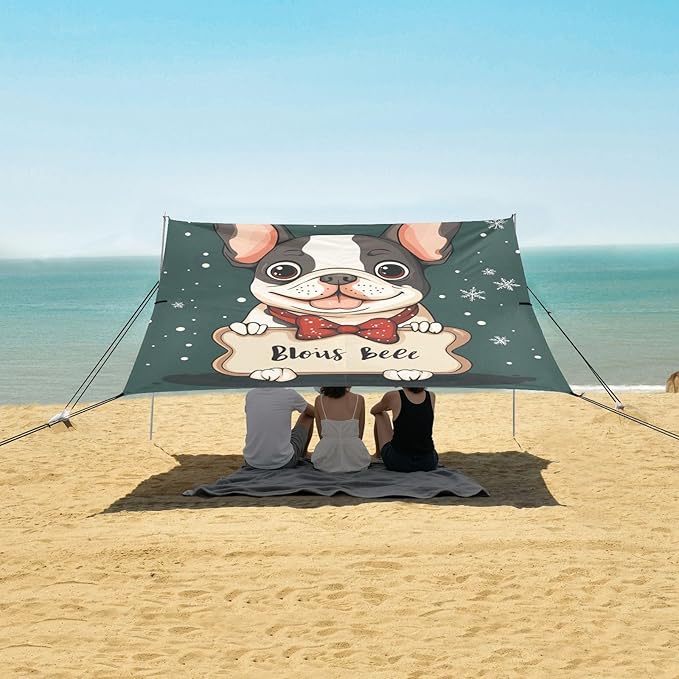 ALAZA Merry Christmas French Bulldog Bone Tsnowflake Beach Tent Sun Shelter Portable Canopy Sunshade for Outdoor Camping Picnics Backyard Fun 10x9 ft