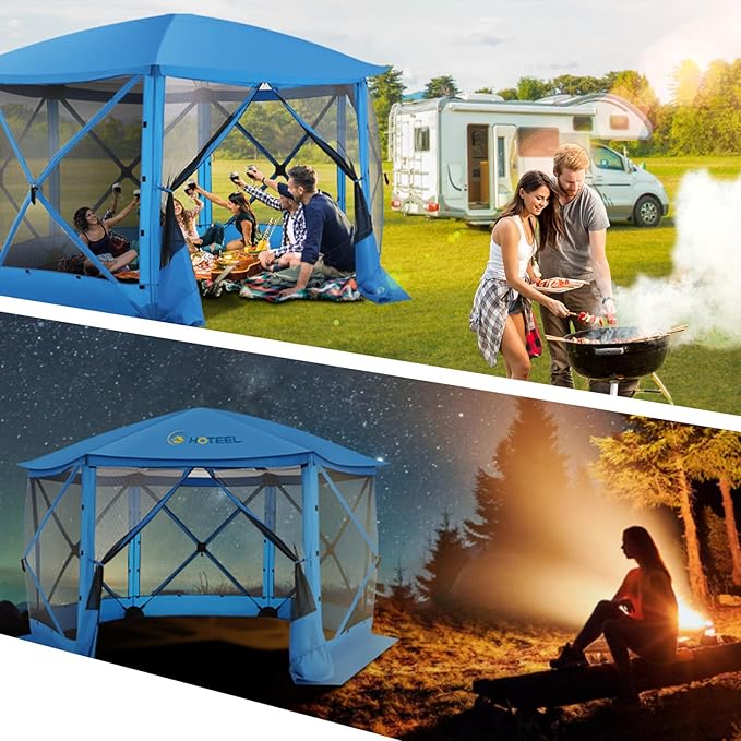 COBIZI 12x12FT Pop Up Gazebo Screen Tent Screen House for Camping Screen Room with Mosquito Netting Hub Tent Instant Screened Canopy with Carrying Bag and Ground Stakes Blue(Upgraded)
