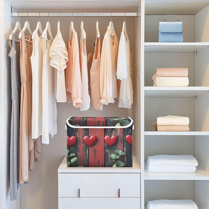 AIXIWAWA Lidded Storage Cube (Hearts Wood) Fabric Foldable Closet Bins with Flip Lid and Handles Organizer Basket Container 16.5 x 12.6 x 11.8 IN