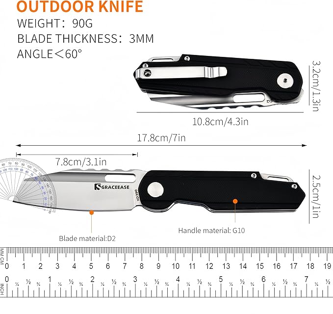 D2 Steel Folding Pocket Knife - EDC Utility Knife with G10 Handle for Camping Hiking(Black)