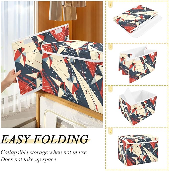 Storage Bins With Lid Stackable Fabric Closet Organizer Clothing Storage Large Boxes For Closet Shelves Bedroom Red Blue Angular Abstract