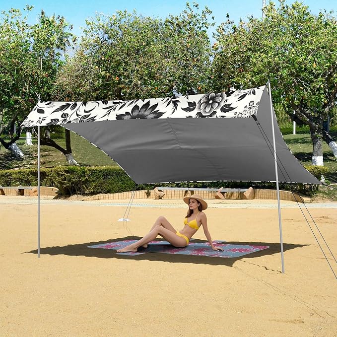 Wildflowers Black Floral Beach Tent Sun Shelter Set UPF50+ UV Protection 10.5 x 9.19 FT Camping Shade Canopy with Sandbags Sand Anchors Carrying Bag and Others