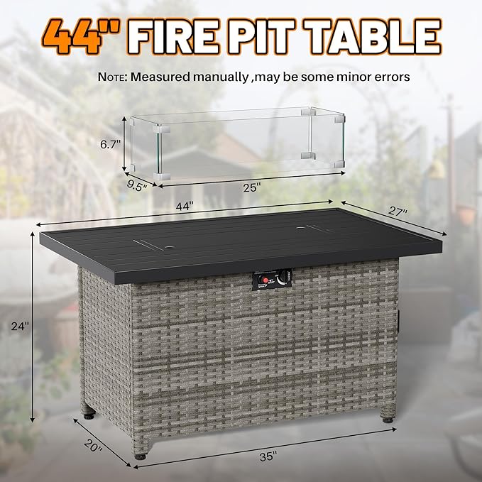 LHBcraft 44 Inch Propane Fire Pit 50000 BTU Fire Pit Table with Glass Wind Guard and Lid Gas Fire Pits for Outside Patio and Garden(Grey)