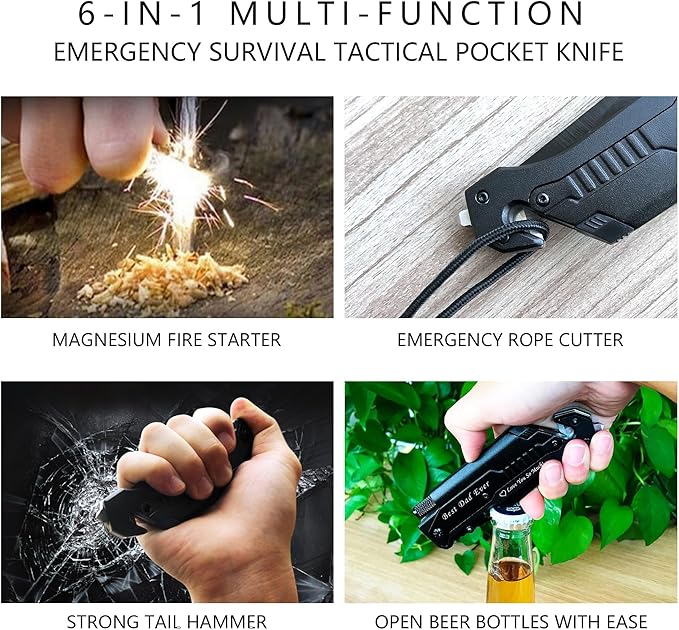 Mothers Day Fathers Day Gift - Personalized Custom Engraving Gifts for Him Her 6-in-1 Multifunctional Folding Pocket Knives with LED Light Seatbelt Cutter Glass Breaker Magnesium Fire Starter Bot
