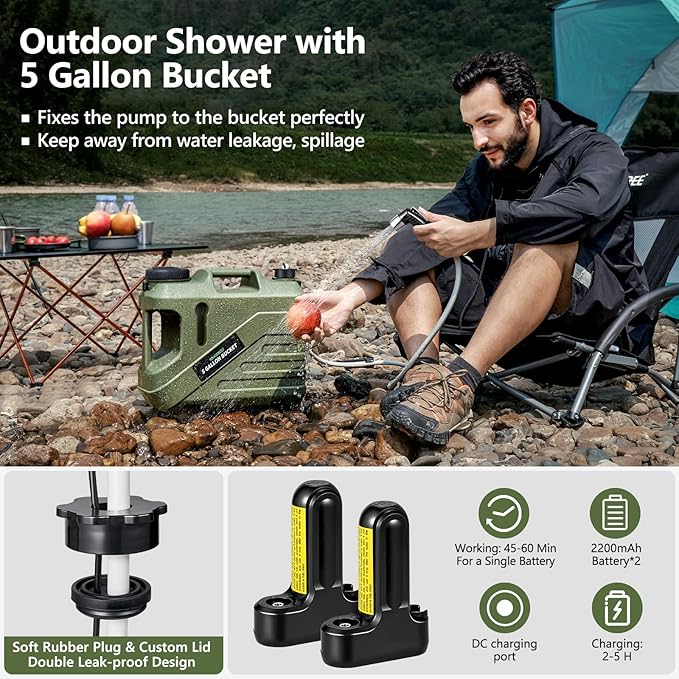 SPACEREST Portable Shower for Camping with Integrated Design – Spill-Resistant Electric Camping Shower 5-Gallon Food-Grade Water Jug for Outdoor Beach Hiking Dog Wash 2 Batteries