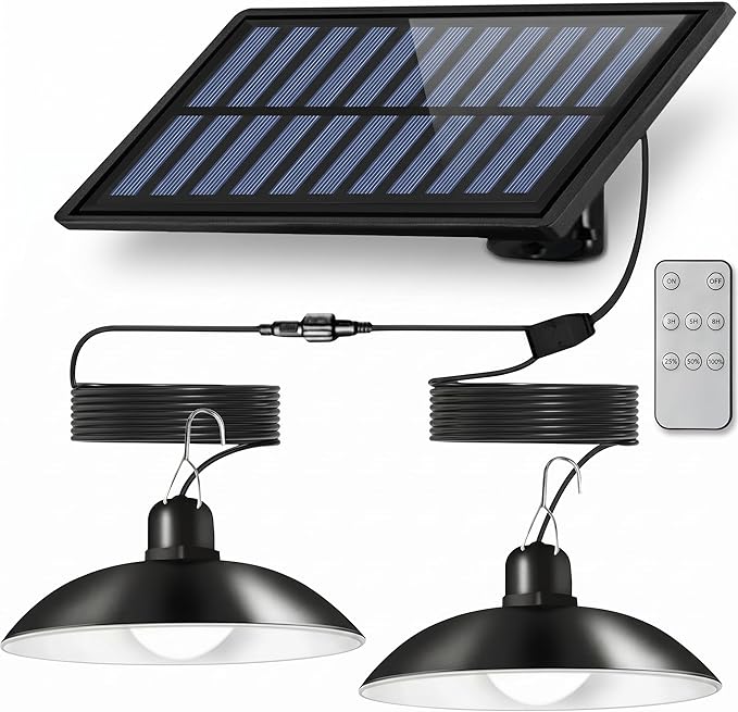 Solar Shed Lights 1-to-2 Solar Pendant Lights Outdoor Hanging Lights with Remote &amp Dusk to Dawn Waterproof for Shed Barn Gazebo Garage