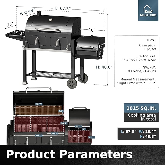MFSTUDIO 49 2 in 1 Charcoal Grill &amp Smoker Combo Outdoor Grill with Enamel Coated Charcoal Tray 1015 SQ.IN Cooking Area Adjustable Top Vent and Chimney for Outdoor Grilling