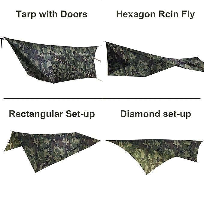 Onewind 12×10 ft Camo Camping Tarp Billow Tarp Shelter Lightweight Waterproof Hammock Rainfly for Stealth Camping Army Military Bushcraft Easy to Setup with Tent Pegs and Guyline Camouflage