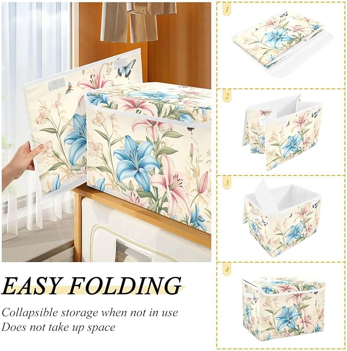 Collapsible Storage Bins with Lids Decorative Fabric Storage Cubes Closet Organizer and Storage Basket Boxes Containers for Clothes Box Chest Nursery Folding Rectangle Pretty Lily Flowers and