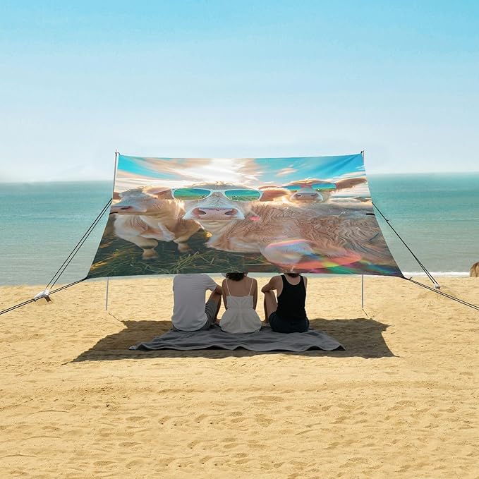 ALAZA Cows with Sunglasses Funny Beach Tent Sun Shelter UPF50+ Protection Beach Shade Canopy w/ 4 Sandbags for Outdoor Camping Fishing Backyard Fun Picnic 10x9 ft