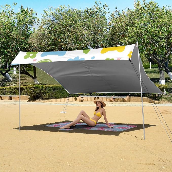 ALAZA Cat &amp Daisy Kitten Beach Tent Sun Shelter UPF50+ Protection Beach Shade Canopy w/ 4 Sandbags for Outdoor Camping Fishing Backyard Fun Picnic 10x9 ft