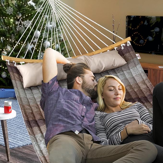 Double Hammock 11 FT Quilted Fabric 2 Person Hammock for Outside with Pillow Folding Curved Spreader Bar Chains Carrying Bag Indoor Outdoor 450 IB Capacity Aqua Green