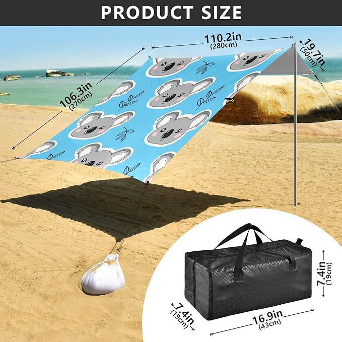 Beach Canopy with Windproof Ropes &amp Sandbags Beach Tent Sun Shade Sun Shelter for Camping Trips Fishing Backyard Fun or Picnics Koalas