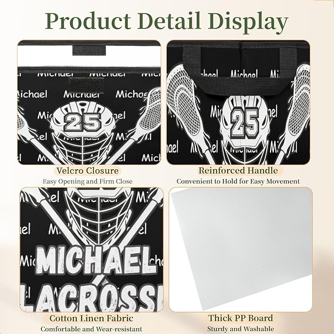 Lacrosse Custom Storage Bins with Lid Foldable Fabric Personalized Storage Basket Box with Handle Storage Organizer Container for Home Bedroom Closet
