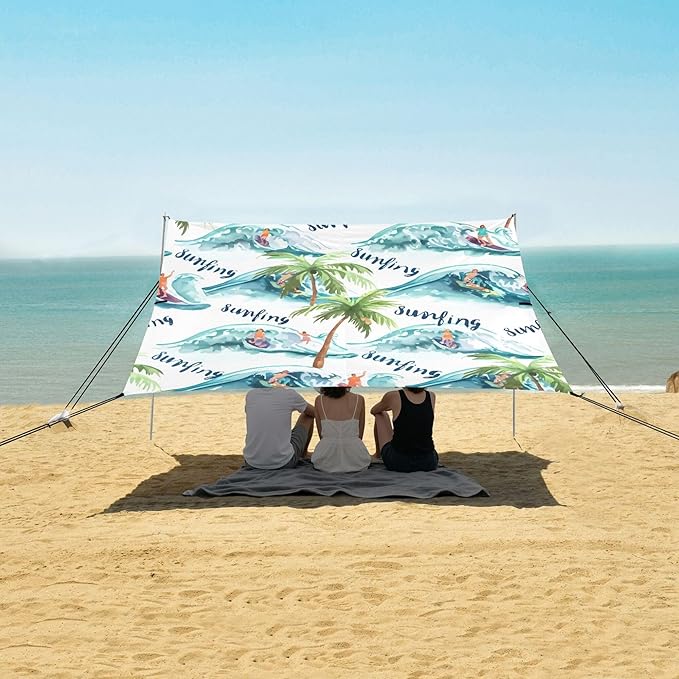 Landscape Beach Canopy Sun Shelter with Sandbags &amp Sand Shovel &amp Windproof Ropes - Portable 110x126 Beach Shade Beach Tent for Camping Picnics