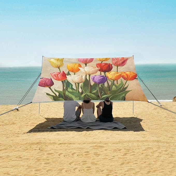ALAZA Vintage Oil Painting Colorful Tulips Beach Tent Sun Shelter Portable Canopy Sunshade for Outdoor Camping Picnics Backyard Fun 10x9 ft
