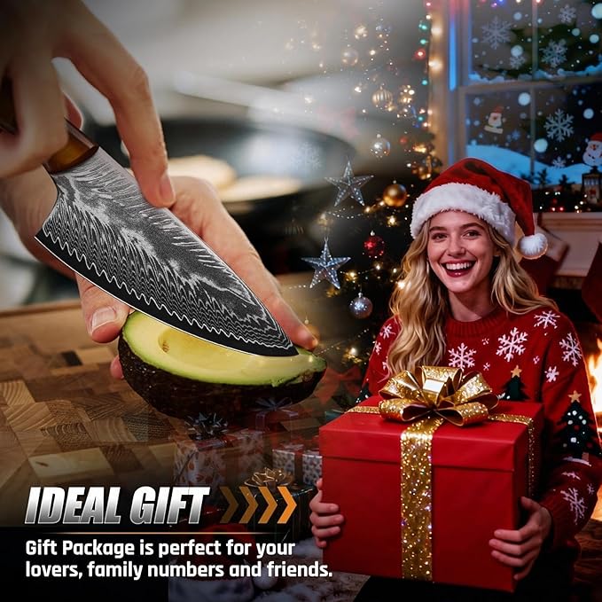 Golden Bird Damascus Steel Knife for Kitchen and Outdoor - Hand Forged Chef Camping Knife with Resin Handle &amp Wood Sheath All Purpose Cooking Survival Hunting KnivesGift for Men &amp Women