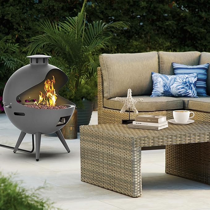 24-Inch Chimenea Propane Fire Pit with Natural Gas Conversion Kit 55000 BTU Gas Fire Pit Hemispherical 3-Legged Firepit with Lava Rocks and Rain Cover Gray