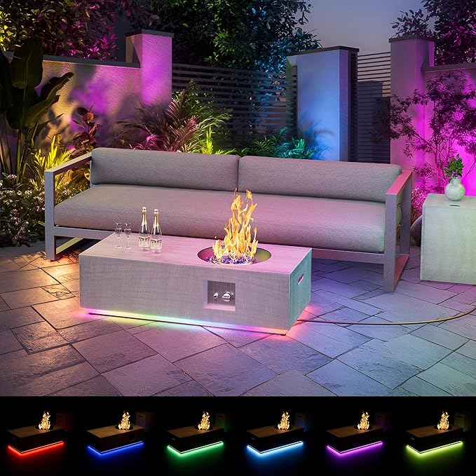 SUNPEAK 48 Patio Fire Pit Table Round Burner with Multiple Color LED Lights 50000 BTU Fire Pit Table with Lid Rocks Cover &amp Tank Storage Propane Outdoor fireplace (Light Grey/RGB Light 48