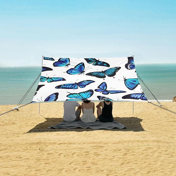 Beach Canopy with Windproof Ropes &amp Sandbags Beach Tent Sun Shade Sun Shelter for Camping Trips Fishing Backyard Fun or Picnics Blue Butterfly