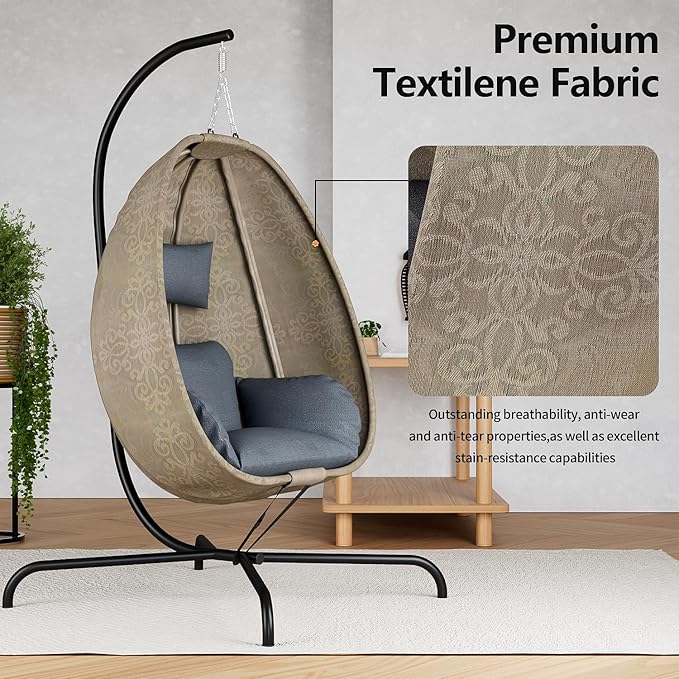ALAULM Foldable Egg Chair with Stand 485LBS Capacity Textilene Hammock Swing Chair for Outdoor &amp Indoor Hanging Chair with Strong Frame &amp UV Resistant Cushion for Balcony Bedroom Light Gra