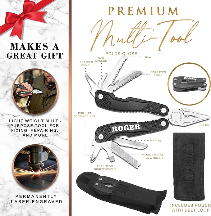Custom Personalized Black Multi Tool with Sheath and Belt Loop - 13 Functions including Pliers Screwdriver Can Opener Bottle Opener