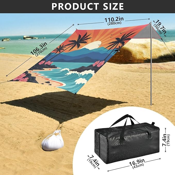 xigua Sunset Beach Tent Sun Shelter with Carrying Bag - Silver Coated Oxford Fabric Beach Canopy for Beach Camping Fishing - Includes Windproof Ropes Sandbags &amp Stakes