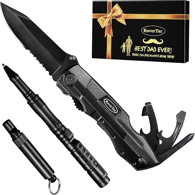 RoverTac Multitool Knife Tool Set for Dad Gift 15-in-1 Multitool Knife Tactical Pen Whistle in a Premium Gift Box with BEST DAD EVER Gifts for Dad for Birthday Christmas Valentine Father's Day
