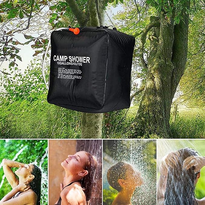 40L Solar Shower Bag Outdoor Camping Shower Solar Heated Water Bag with Advanced Shower Head and Rope Leak - Proof PVC Material for Hiking Beach Travel